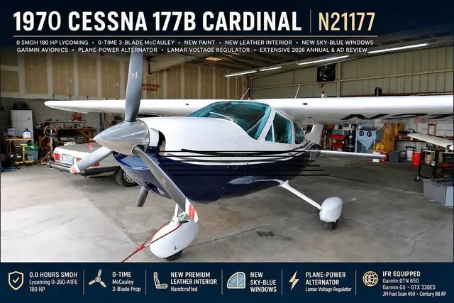 1970 Cessna 177B Cardinal – 0 SMOH Lycoming, 3-Blade McCauley, Garmin IFR