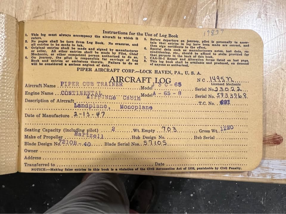 1947 Piper J-3 Cub (L-4 NE Series) – Under 1,400 TT, 33-Hour C-85, Complete Logs, photo 9